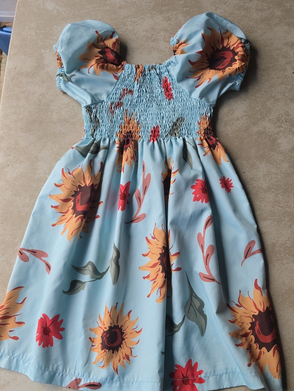 SHEIN Light Blue Sunflower Puff-Sleeve Smocked Dress
